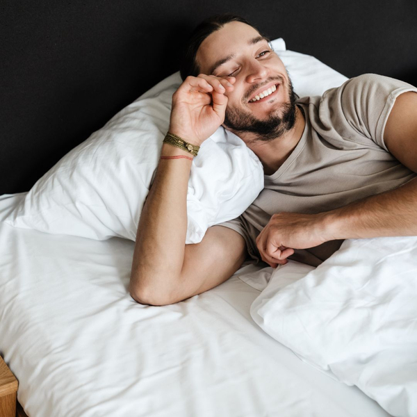 man waking up happy man waking up happy